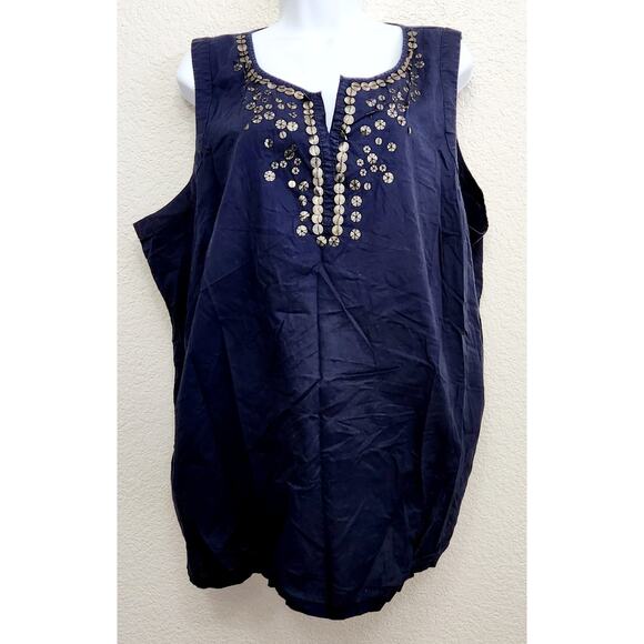 St John's Bay Navy Blue Sleeveless V Neck Decorative Metal Bead Top 3X Plus Soft - Picture 1 of 5